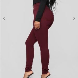 Ultra high waist burgundy skinny jean